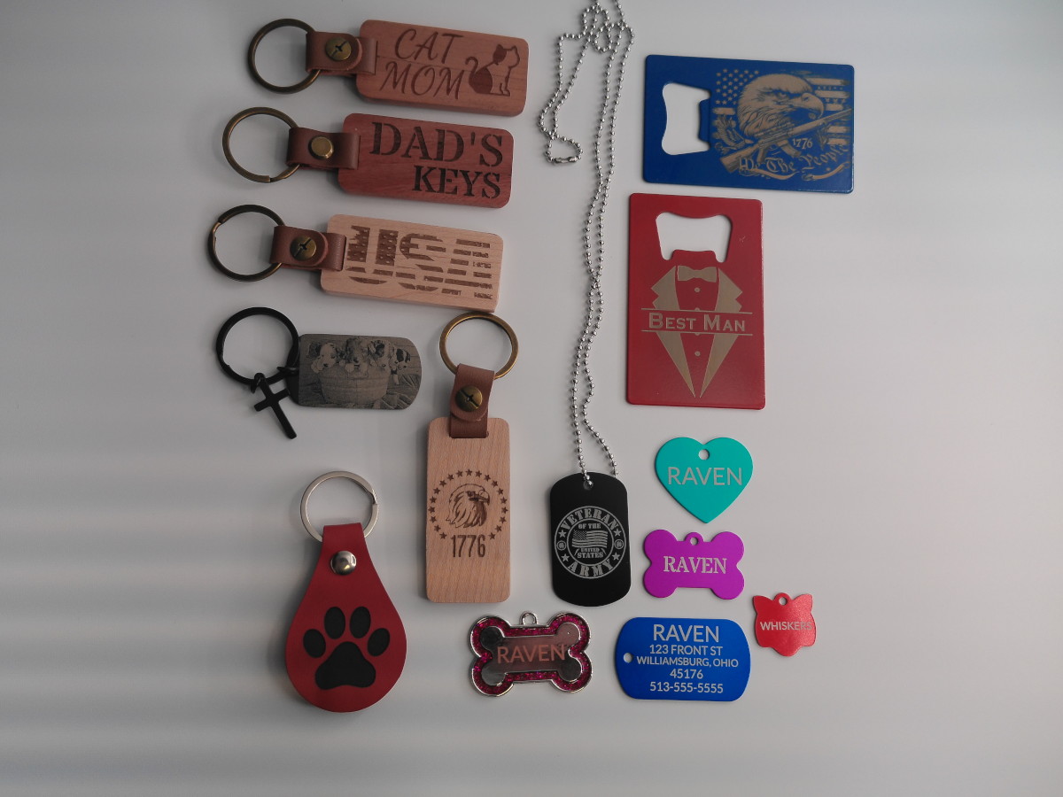Personalized laser engraved keychains and military-style dog tags